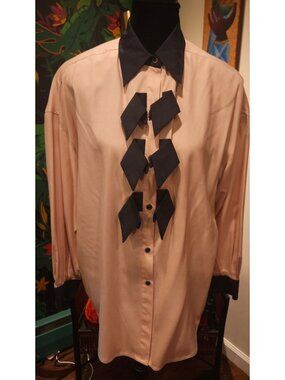 Vintage Peachy Pink Silk Blouse Slate Black Collar and Bow Accents Size 6